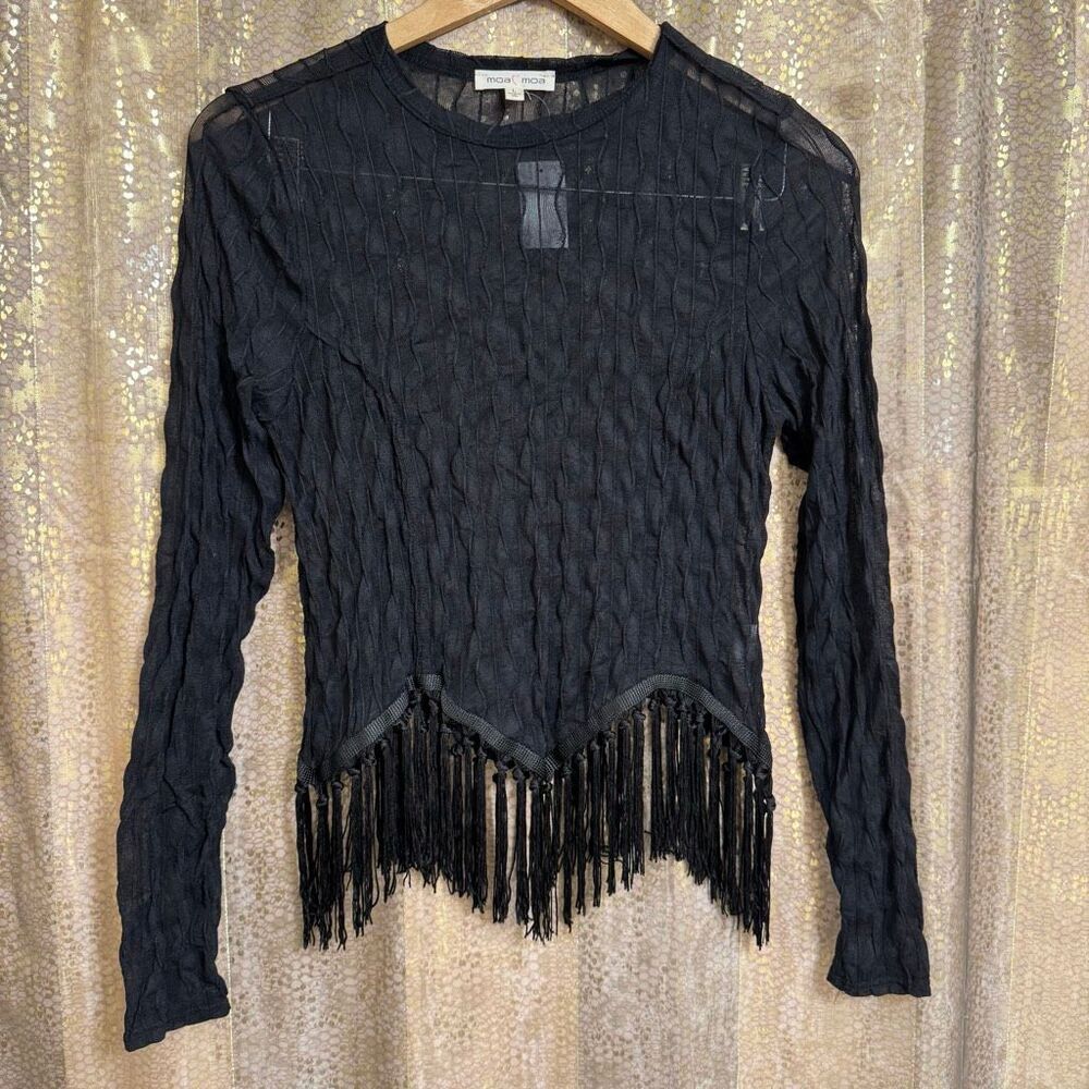 Moa Moa Black Sheer Textured Fringe Bottom Long Sleeve Top Large NWT